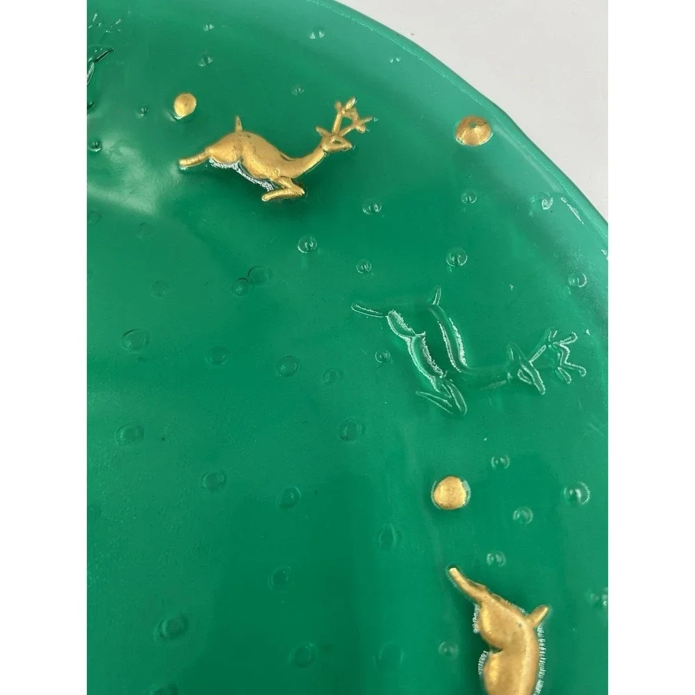 VTG Green Glass Christmas Platter/Charger /Gold Reindeer Textured Centerpiece